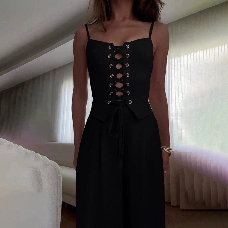 Women’s Lace - Up Corset Top and Wide Leg Pants Set