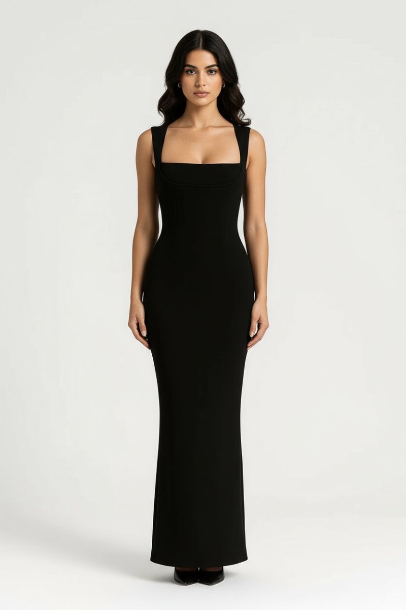 Women’s Long Bodycon Maxi Dress – Square Neckline and Figure - Hugging Silhouette