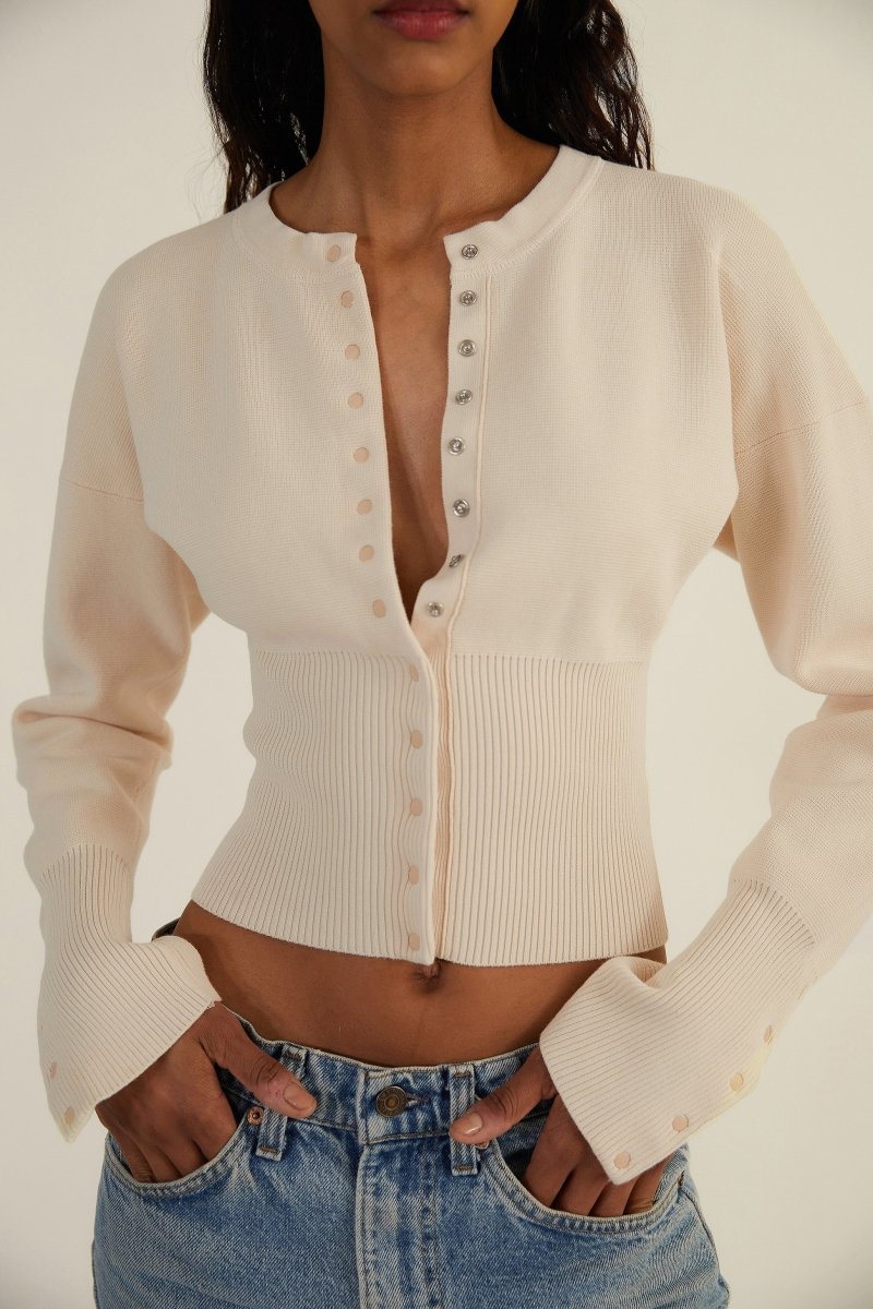 Women’s Long Sleeve Cropped Button - Front Cardigan with Ribbed Waist
