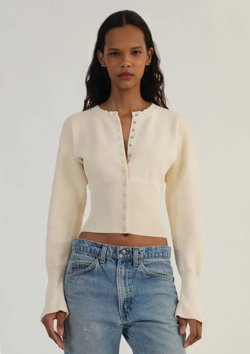 Women’s Long Sleeve Cropped Button - Front Cardigan with Ribbed Waist