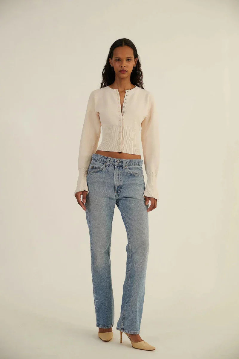 Women’s Long Sleeve Cropped Button - Front Cardigan with Ribbed Waist