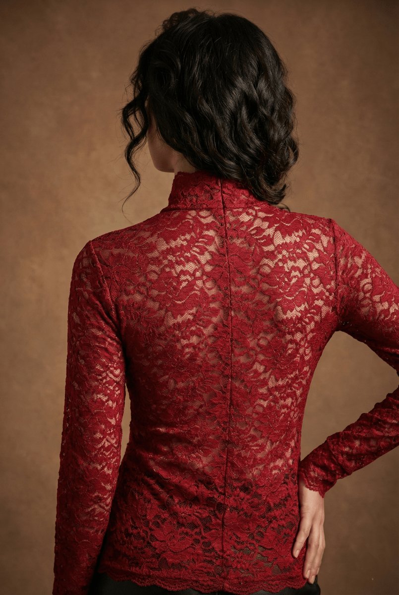 Women’s Long Sleeve High Neck Lace Blouse with Floral Pattern