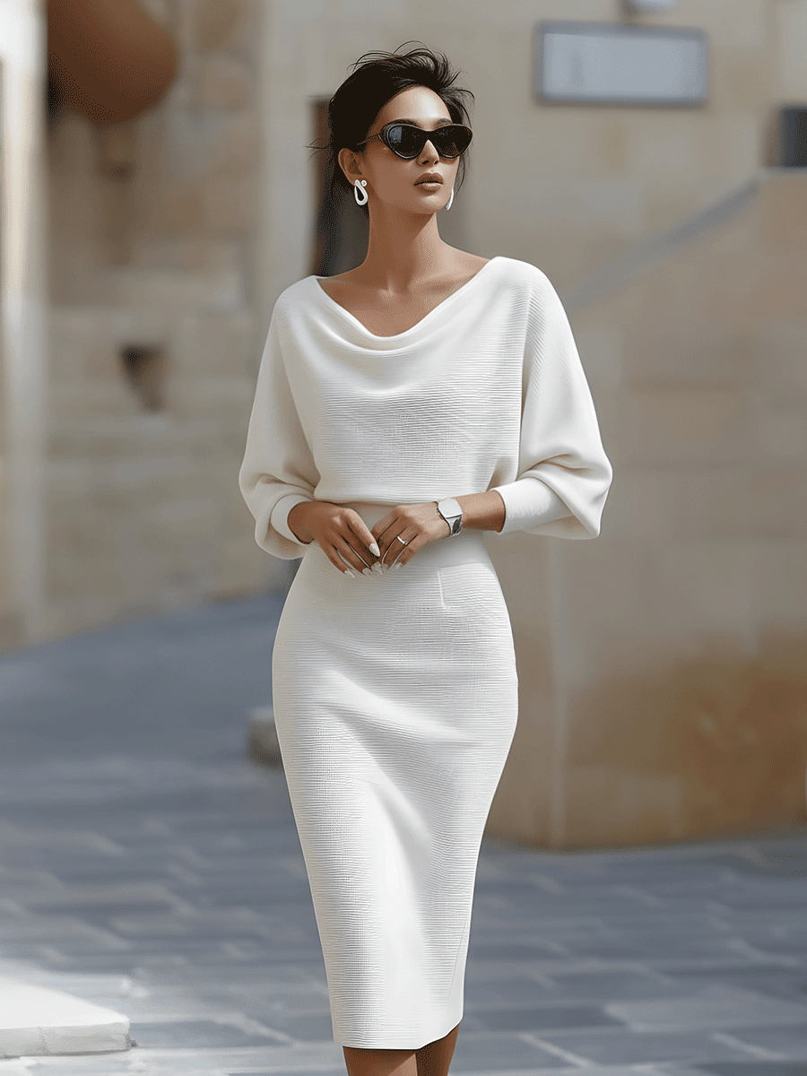 Women’s Long Sleeve Midi Dress with Draped Neckline and Batwing Sleeves