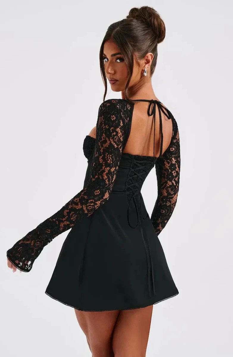 Women’s Long Sleeve Mini Dress with Lace Sleeves and Tie - Front Bodice