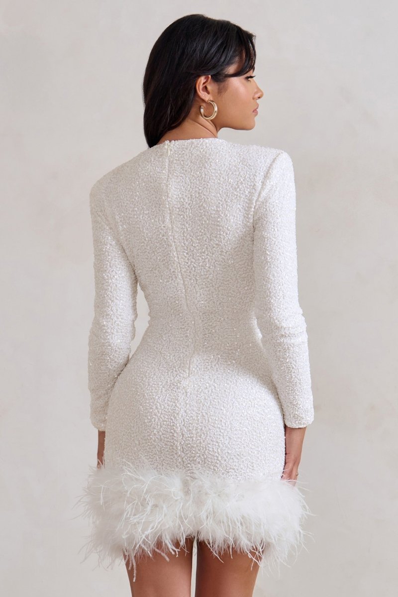 Women’s Long Sleeve Mini Dress with Sequin Finish and Feather Hem