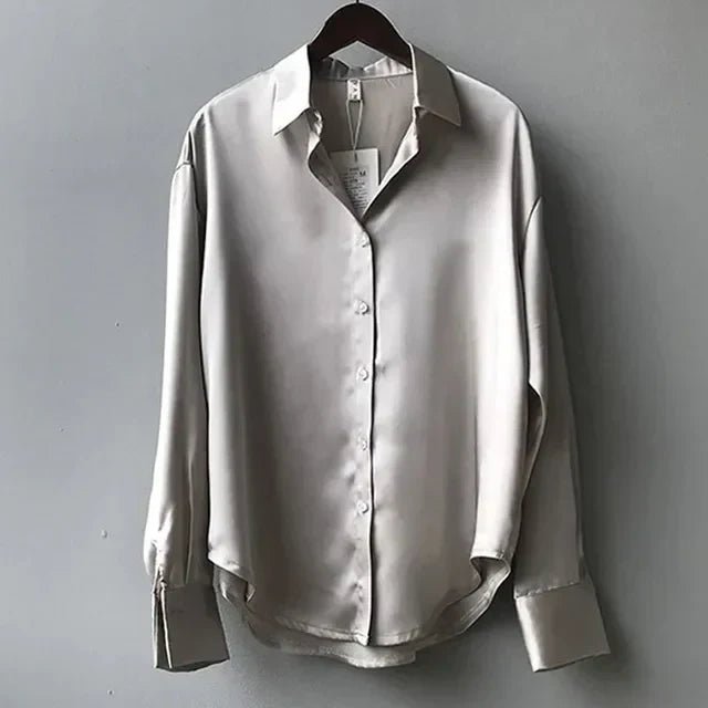 Women’s Long Sleeve Satin Blouse with Button Front and Classic Collar