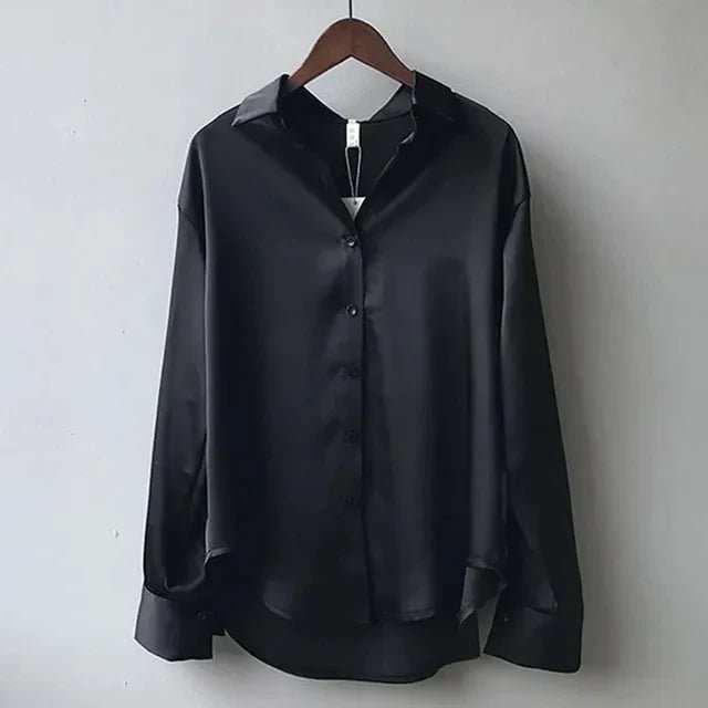 Women’s Long Sleeve Satin Blouse with Button Front and Classic Collar