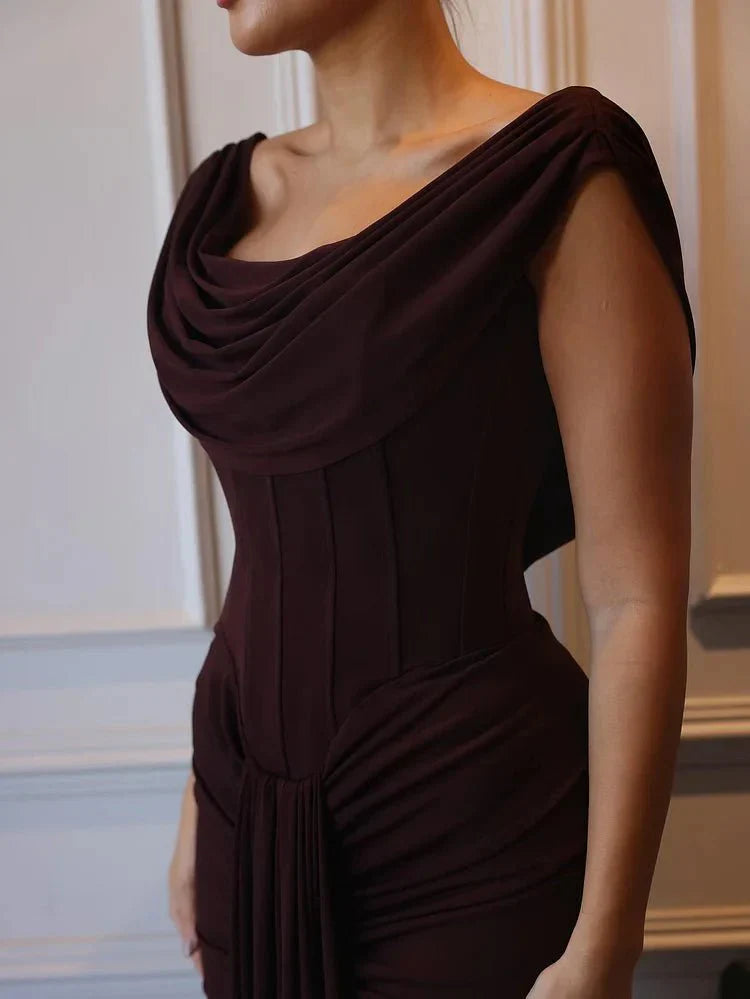 Women’s Maxi Dress with Draped Cowl Neck Sleeveless and Gathered Front Detail – Evening Dress
