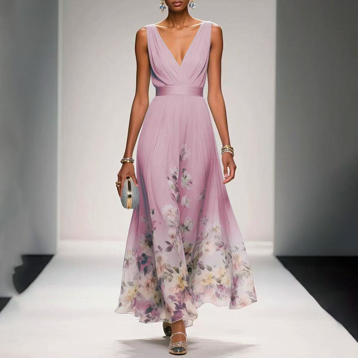 Women’s Maxi Dress with V - Neck Sleeveless Pleated Bodice and Floral Print Hem