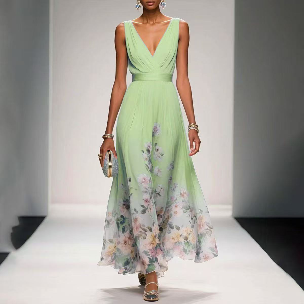 Women’s Maxi Dress with V - Neck Sleeveless Pleated Bodice and Floral Print Hem