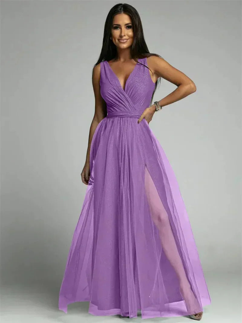 Women’s Maxi Evening Dress with V - Neck and Front Split