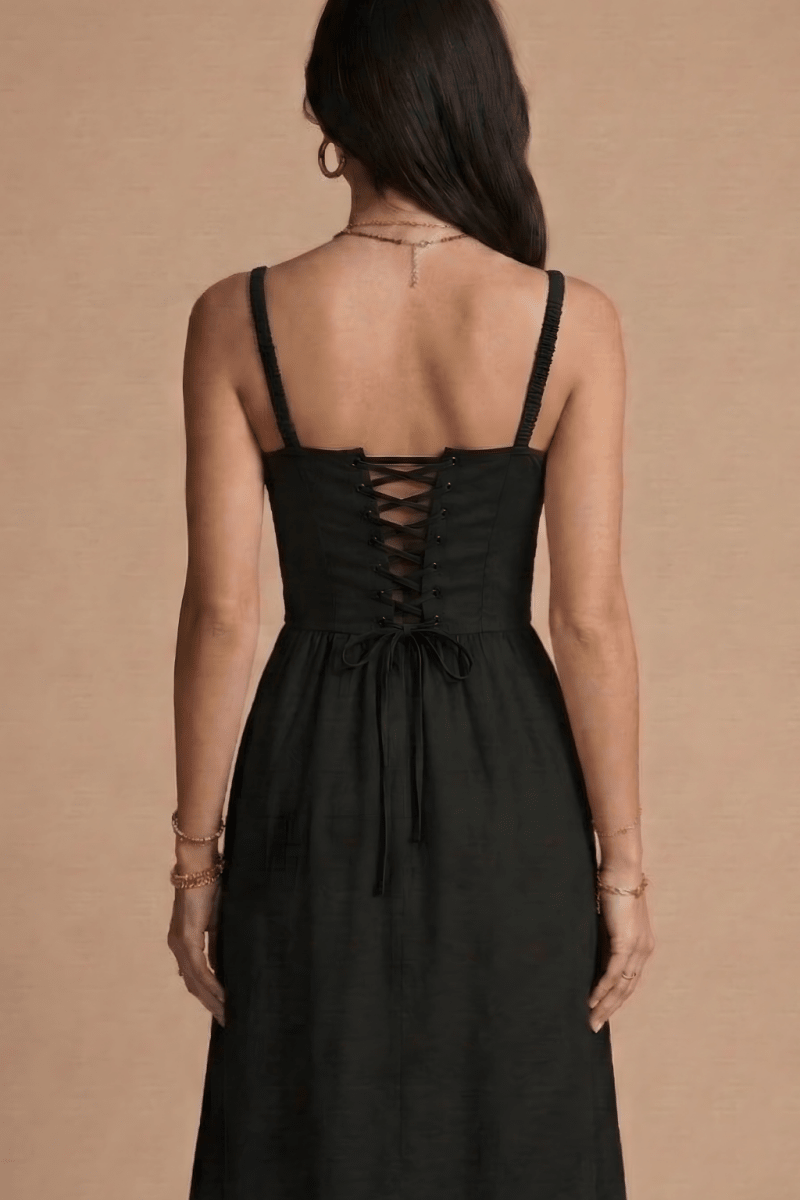 Women’s Midi Dress with Spaghetti Straps – Button Front Bodice and Ruffle Hem Summer Dress