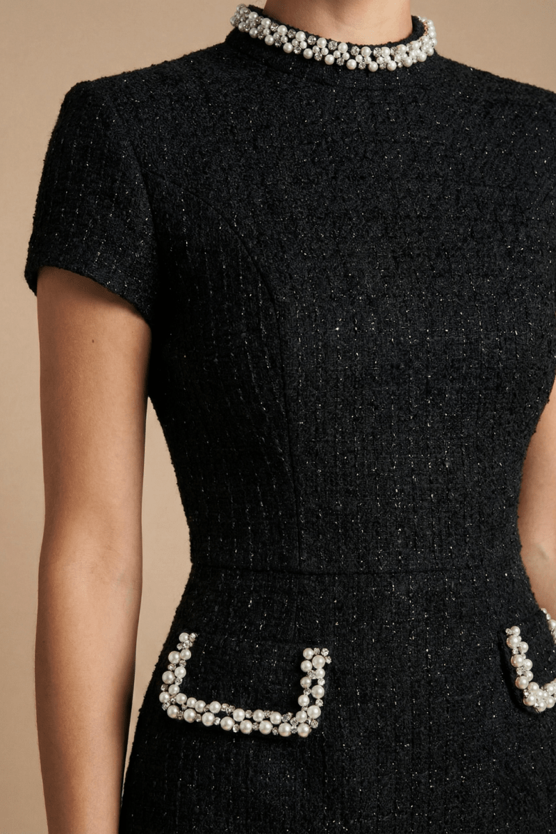 Women’s Mini Dress with Pearl Trim and Pocket Detailing