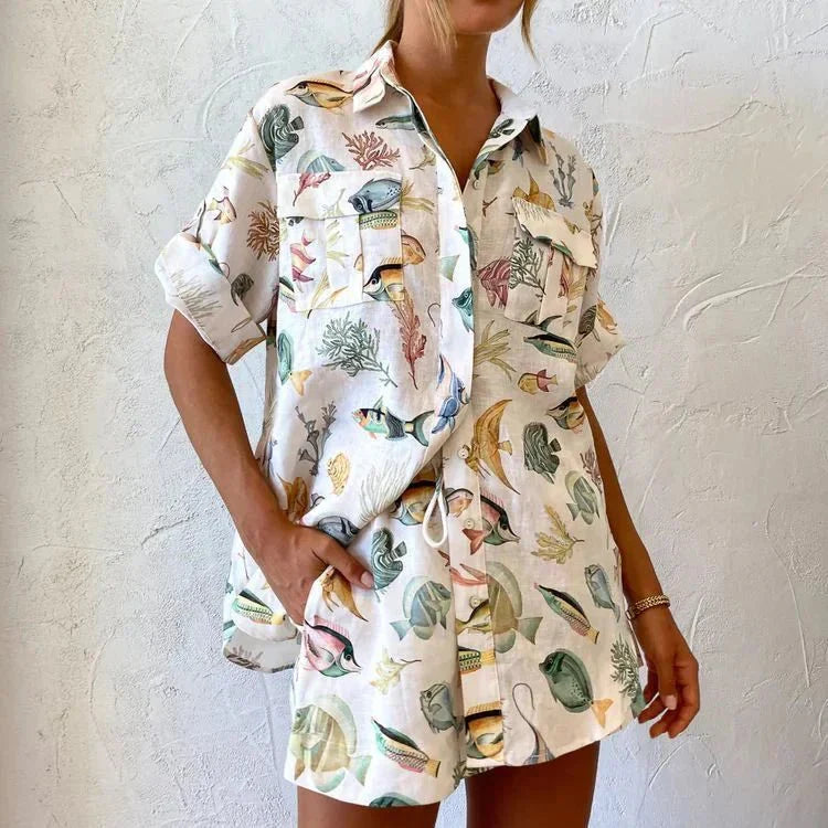 Women’s Nature Print Button Up Shirt and Drawstring Shorts Set