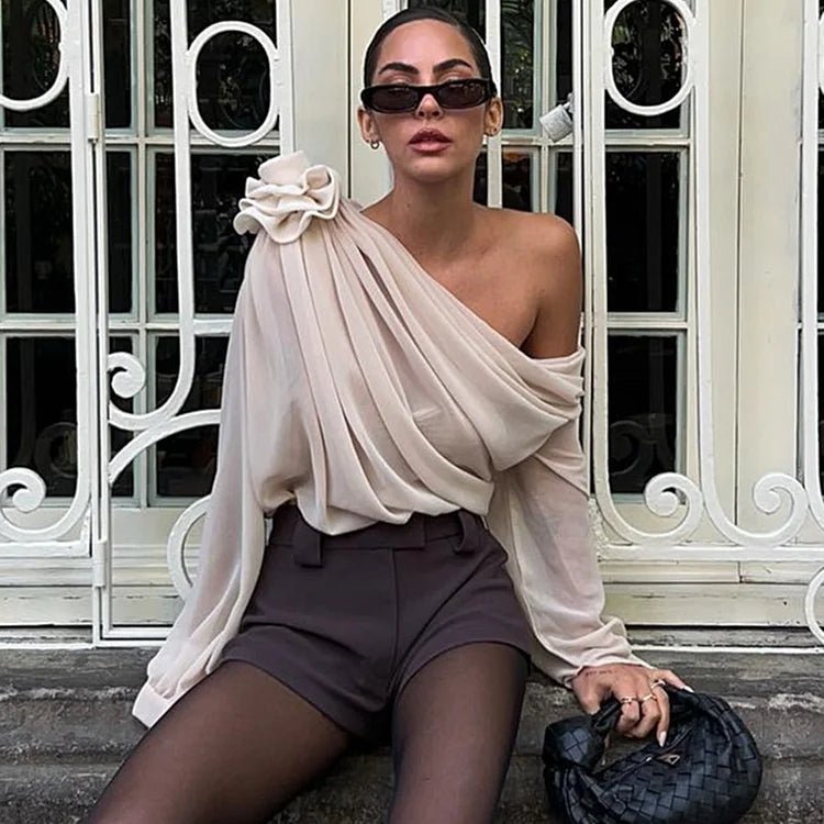 Women’s One Shoulder Blouse with Draped Design and Long Sleeve