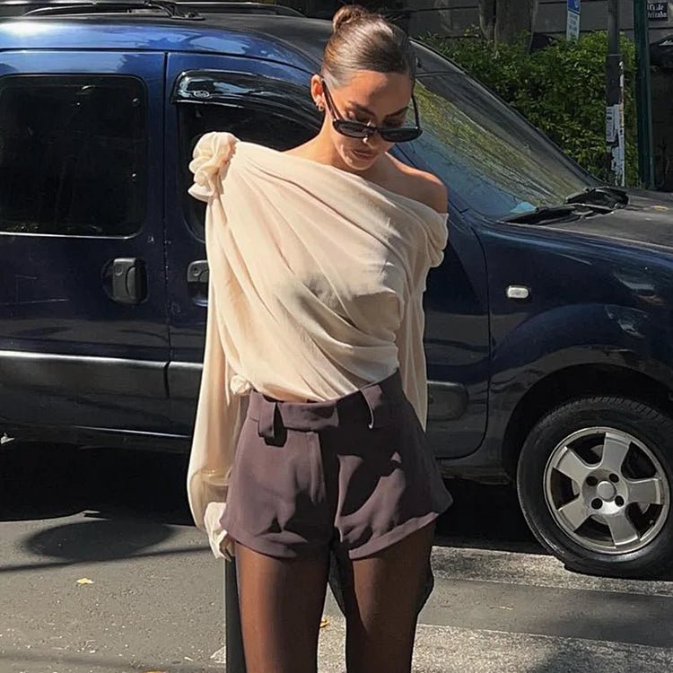 Women’s One Shoulder Blouse with Draped Design and Long Sleeve