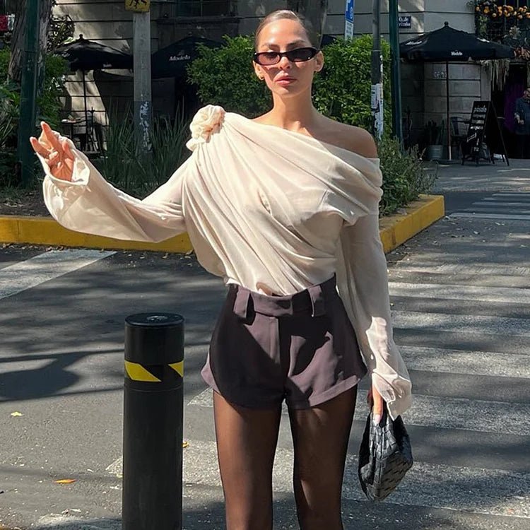 Women’s One Shoulder Blouse with Draped Design and Long Sleeve
