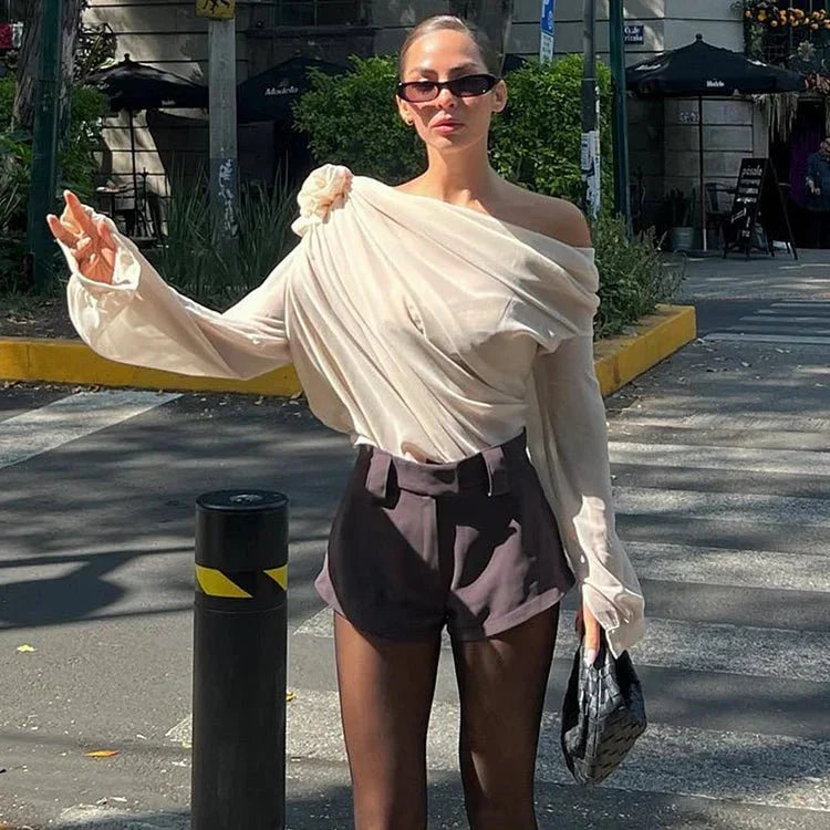 Women’s One Shoulder Blouse with Draped Design and Long Sleeve