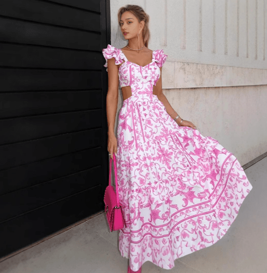 Women’s Pink Floral Deep V - Neck Ruffle Sleeve Maxi Dress – A - Line Silhouette