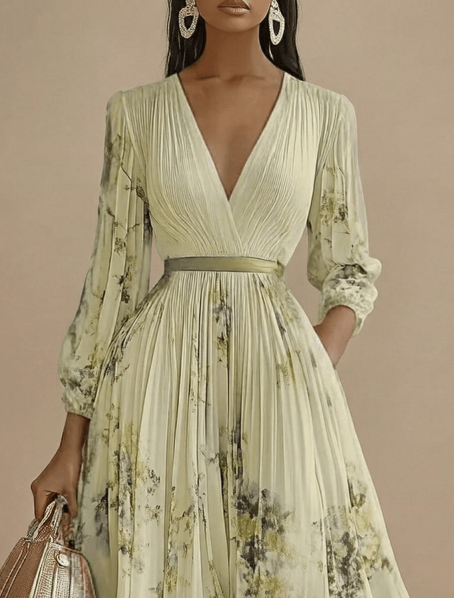 Women’s Pleated Maxi Dress with V - Neck and Long Sleeves