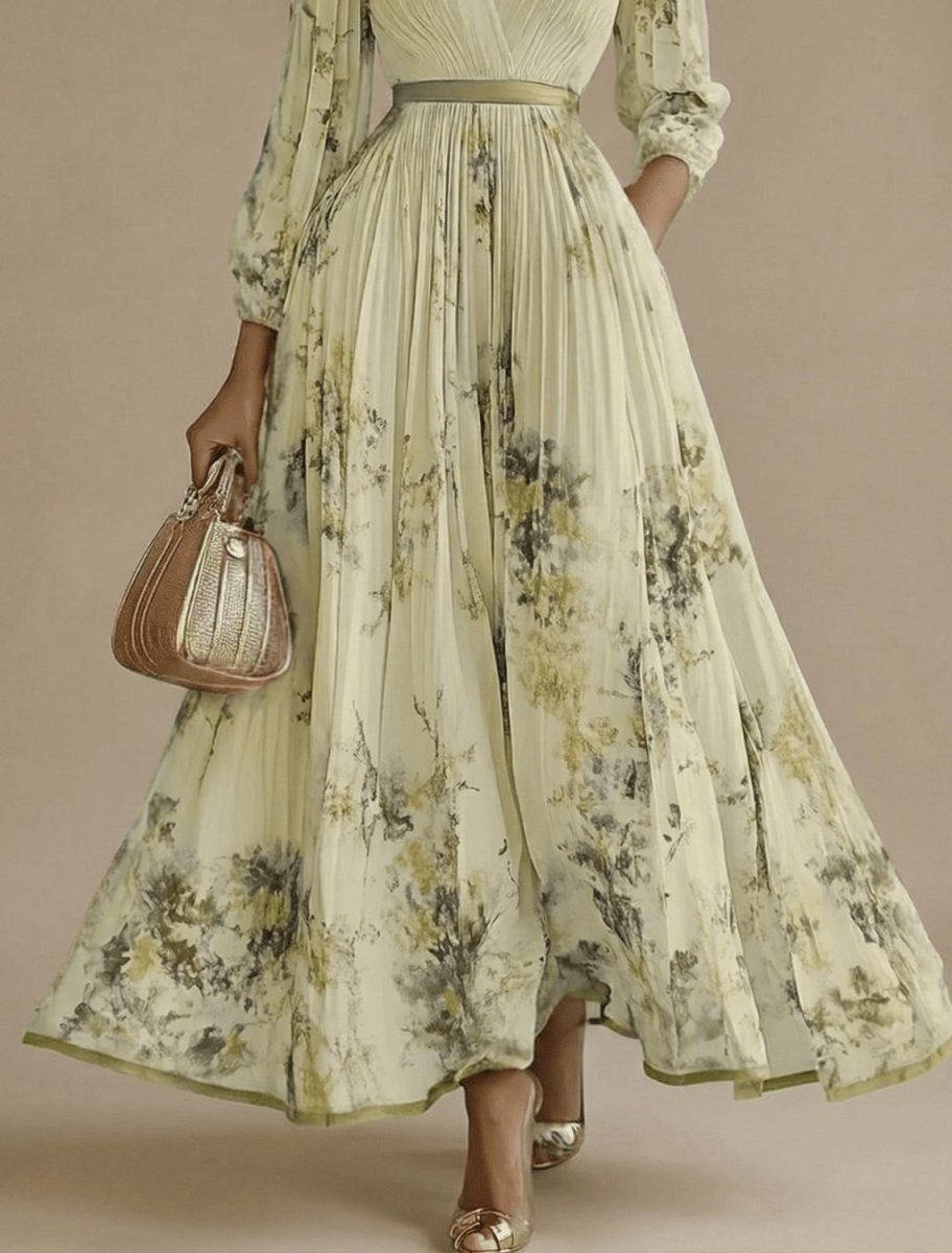 Women’s Pleated Maxi Dress with V - Neck and Long Sleeves