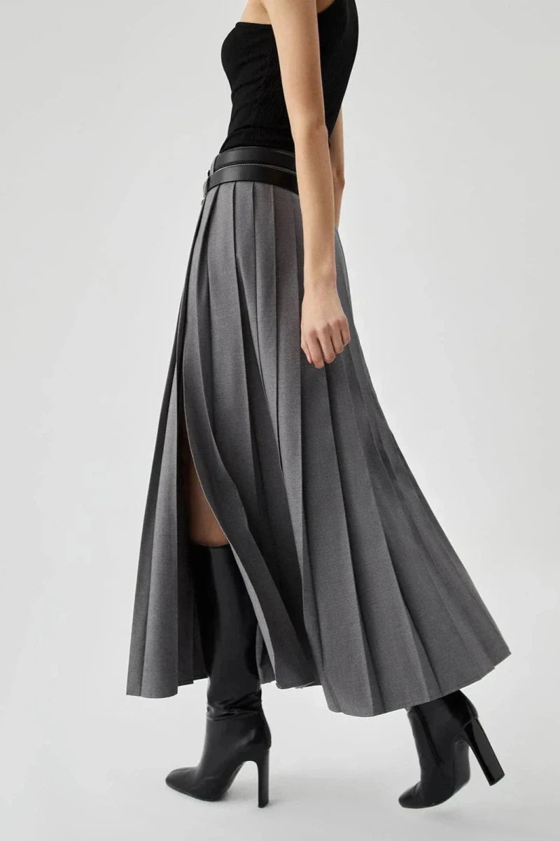 Women’s Pleated Maxi Skirt with High Waist and Side Split