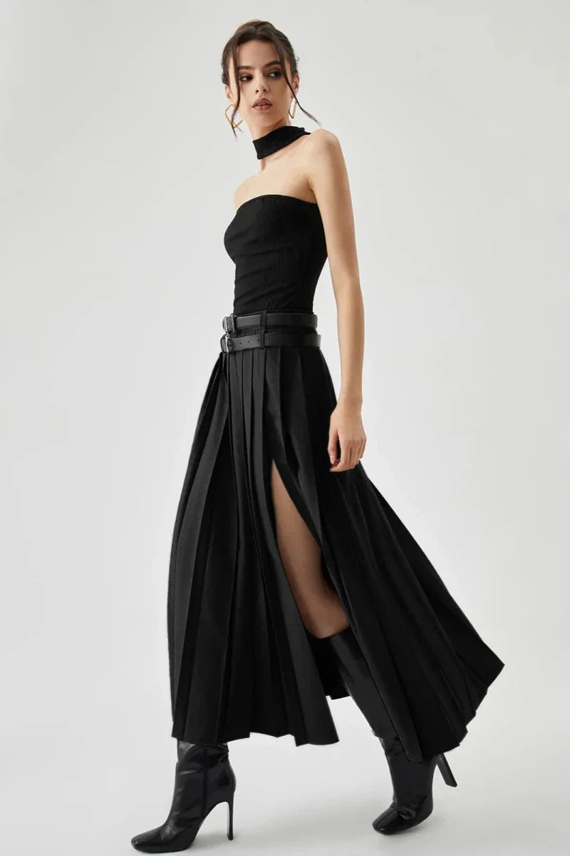 Women’s Pleated Maxi Skirt with High Waist and Side Split
