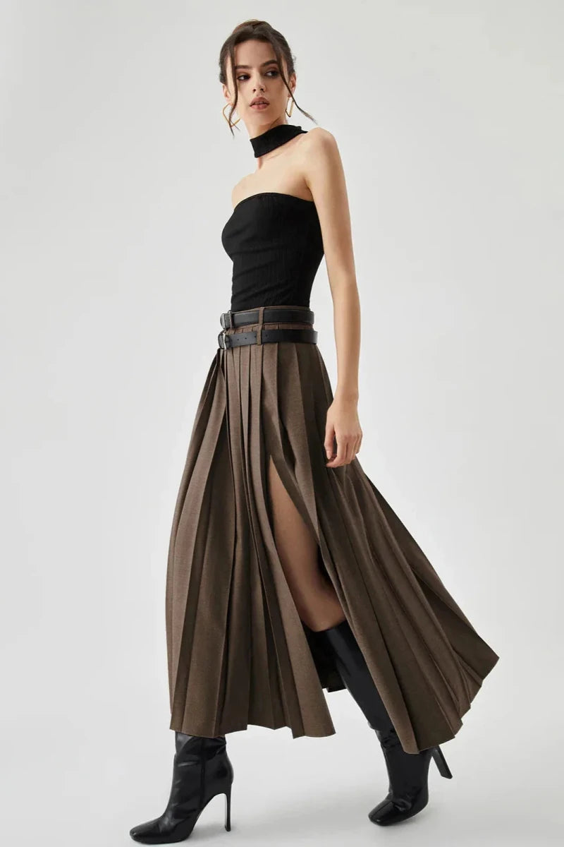 Women’s Pleated Maxi Skirt with High Waist and Side Split