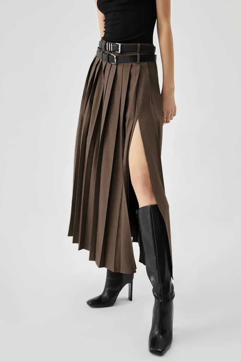 Women’s Pleated Maxi Skirt with High Waist and Side Split