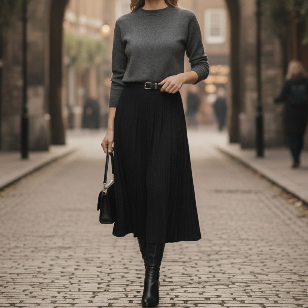 Women’s Pleated Midi Skirt with High Waist and Belt