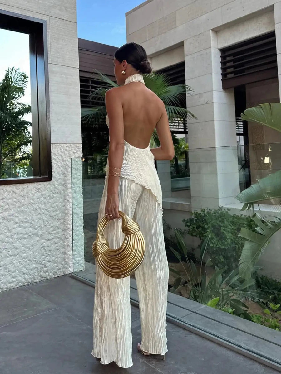 Women’s Pleated Two - Piece Set with Halter Neck Top and Wide - Leg Pants