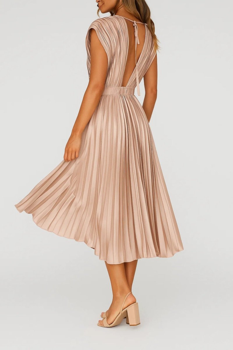 Women’s Pleated V - Neck Midi Dress with Structured Waist