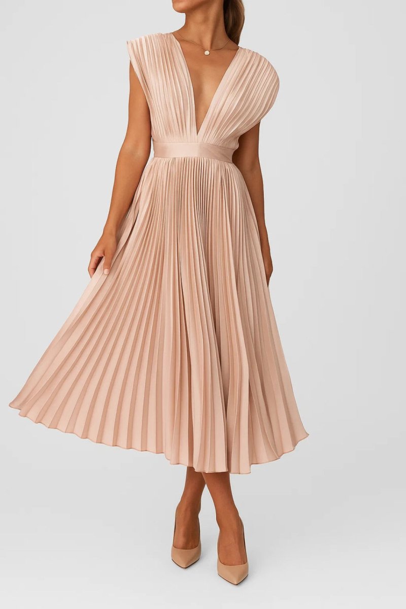 Women’s Pleated V - Neck Midi Dress with Structured Waist