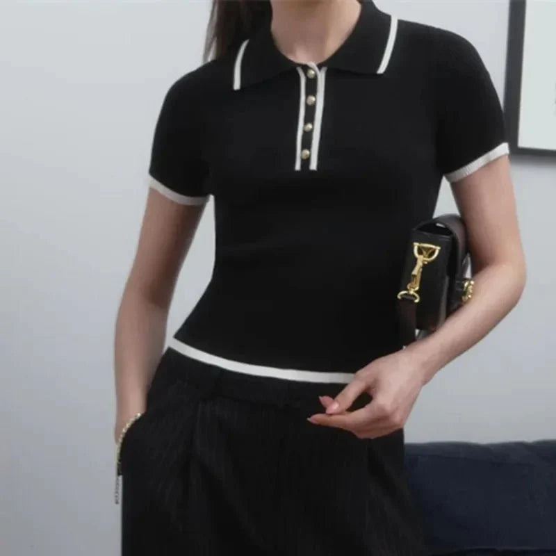 Women’s Ribbed Contrast Trim Polo Shirt – Tailored Slim Fit