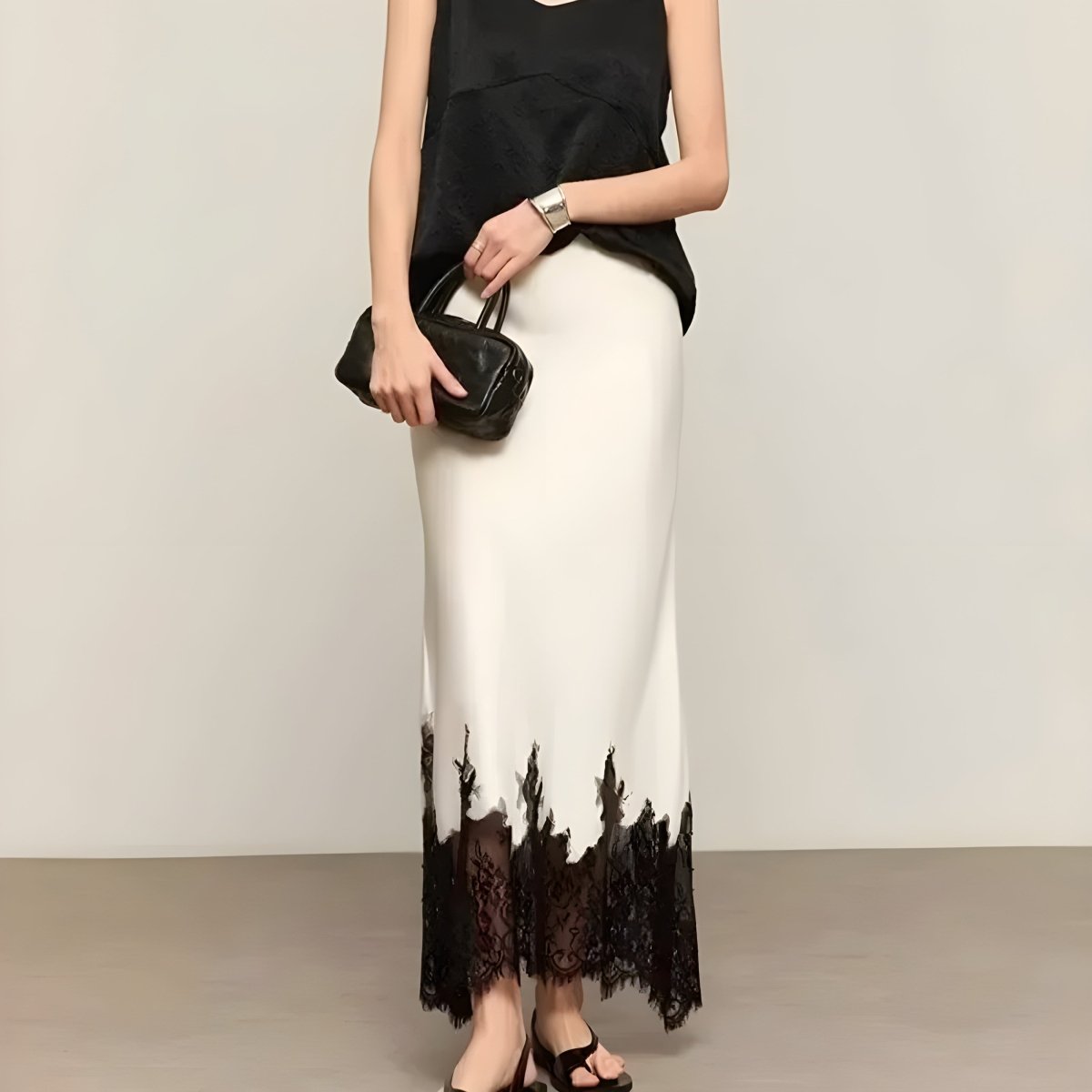 Women’s Satin Midi Skirt with Lace - Trim Hem