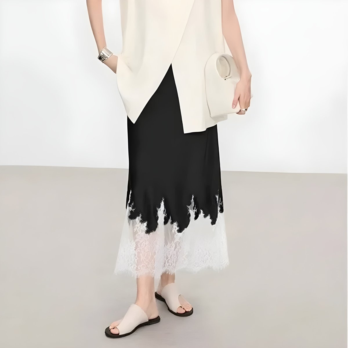 Women’s Satin Midi Skirt with Lace - Trim Hem