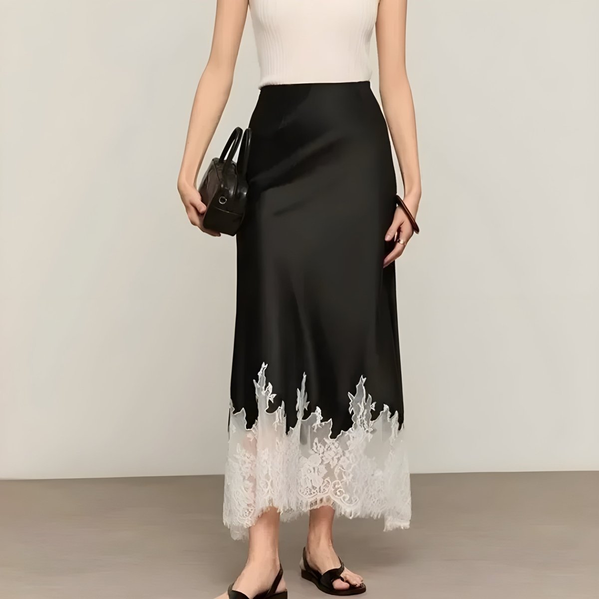 Women’s Satin Midi Skirt with Lace - Trim Hem