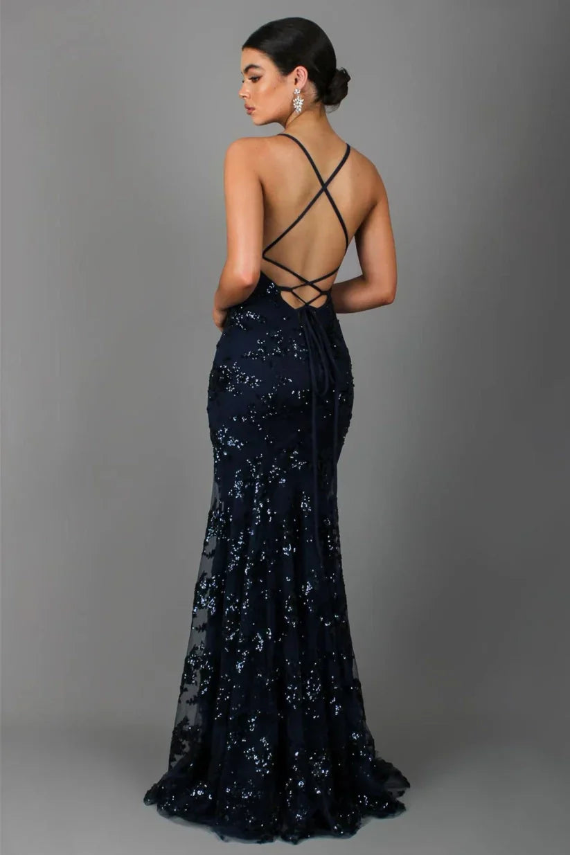 Women’s Sleeveless Sequin Maxi Dress with V-Neck and Crisscross Open Back