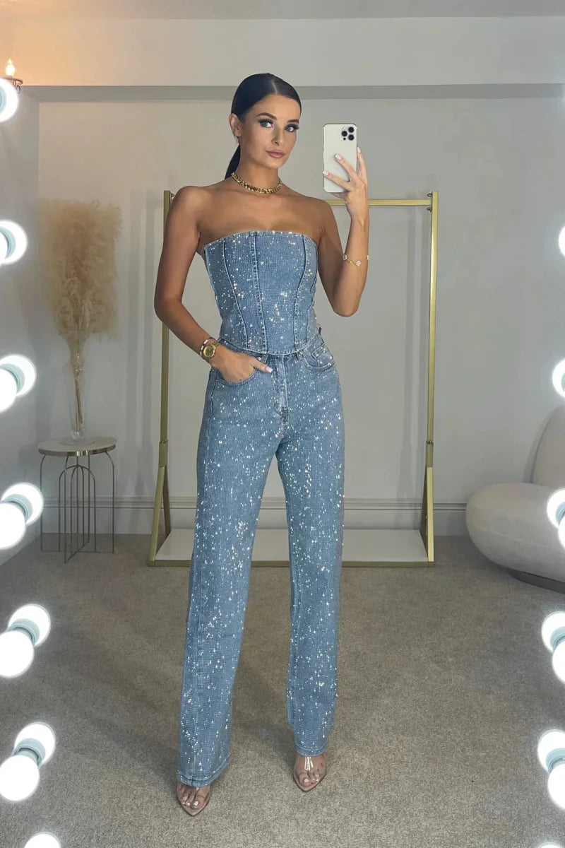 Women's Sequin Strapless Top Wide Leg Pants Going Out Set