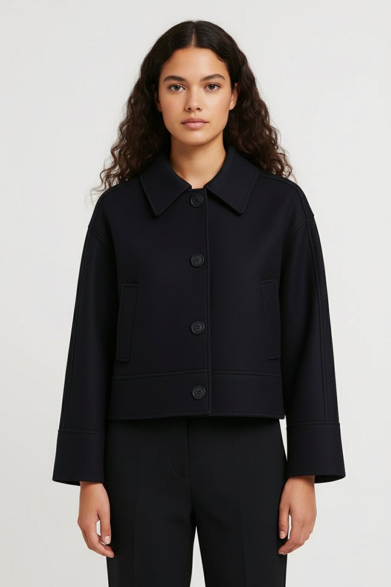 Women’s Short Minimalist Jacket – Structured Button - Up Design, Lined and Warm