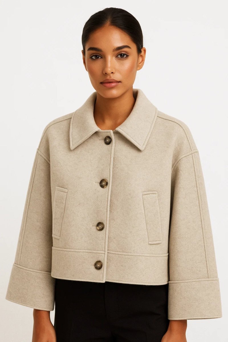Women’s Short Minimalist Jacket – Structured Button - Up Design, Lined and Warm
