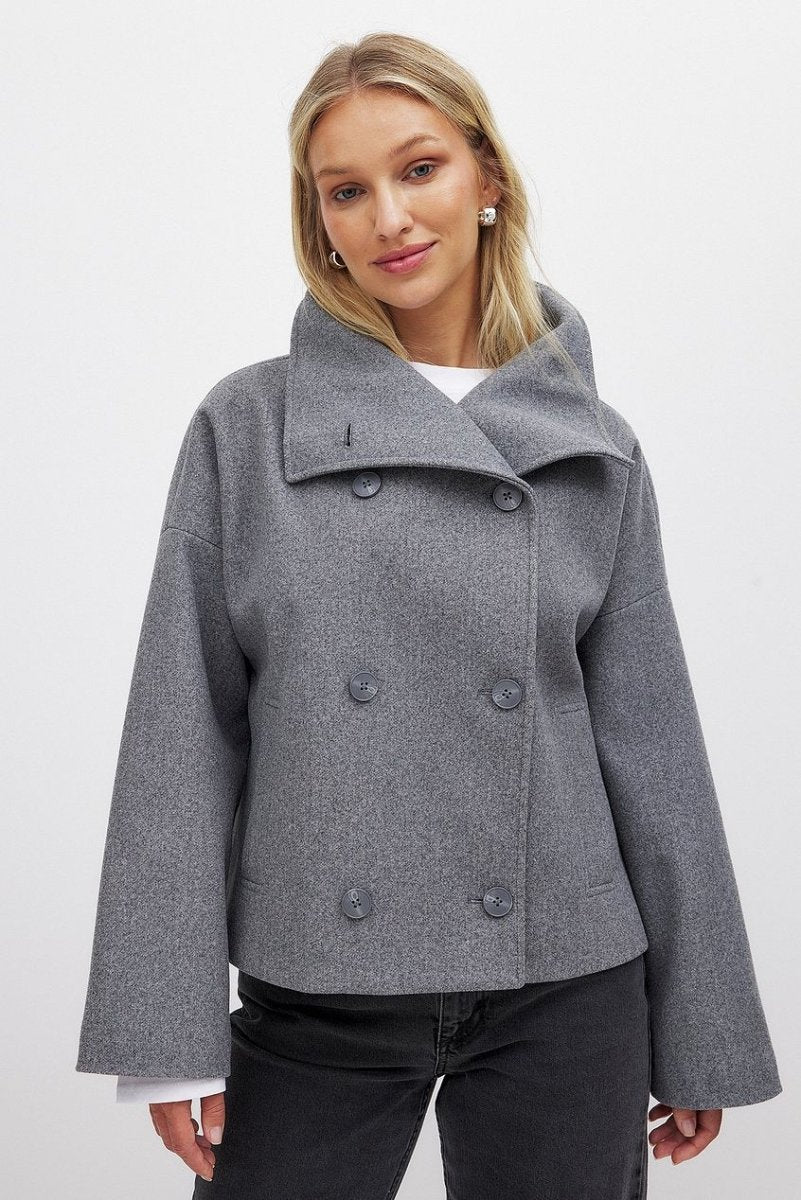 Women’s Short Wool Jacket – Double - Breasted Front with Oversized Collar