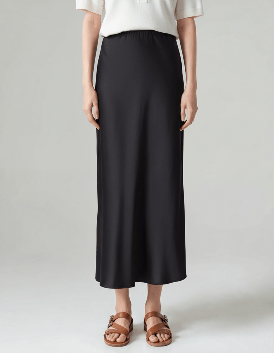 Women’s Silk Solid Midi Skirt with Elastic Waistband