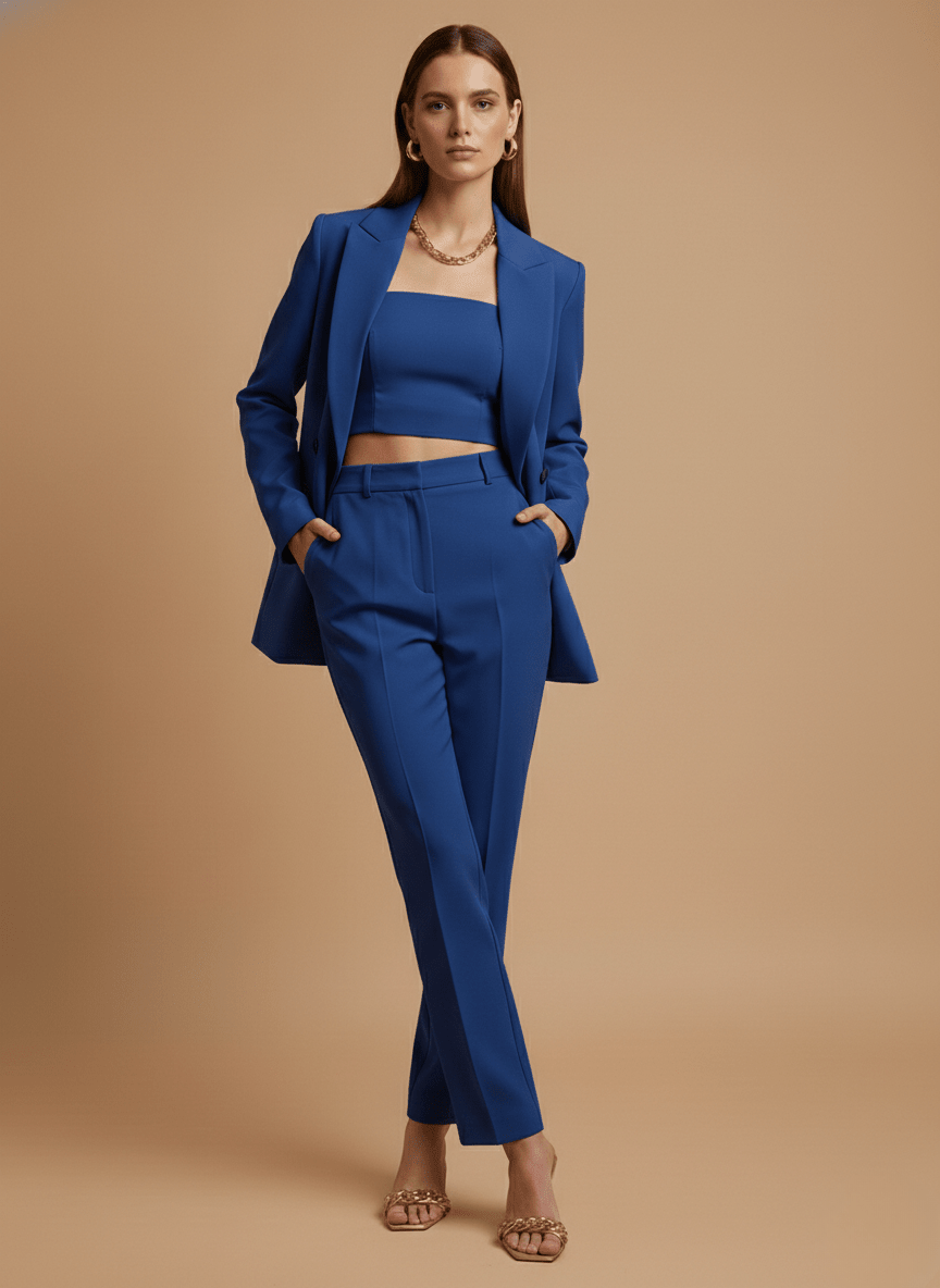 Women’s Single - Breasted Pants Suit with Longline Blazer and Straight - Leg Trousers