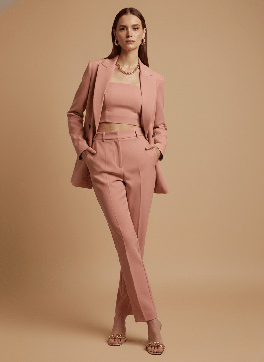 Women’s Single - Breasted Pants Suit with Longline Blazer and Straight - Leg Trousers