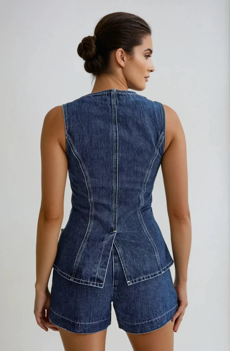 Women’s Sleeveless Denim Two - Piece Set with Button - Front Top and Shorts