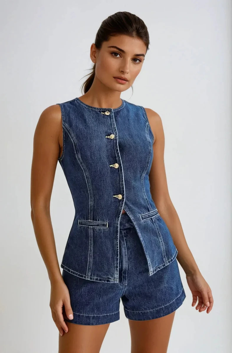 Women’s Sleeveless Denim Two - Piece Set with Button - Front Top and Shorts