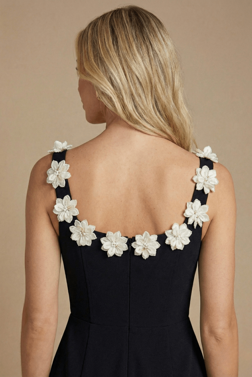 Women’s Sleeveless Mini Dress with Floral Appliqué Neckline and A - Line Skirt