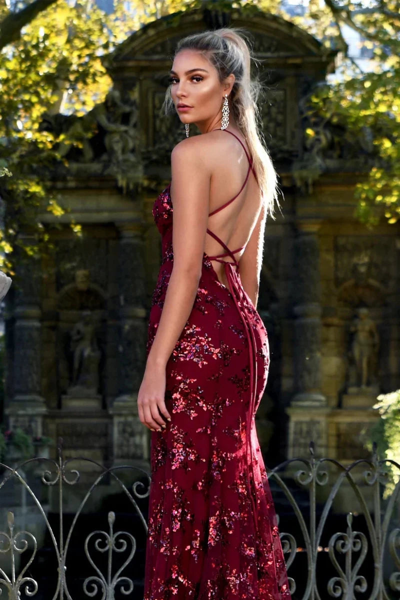 Women’s Sleeveless Sequin Maxi Dress with V - Neck and Crisscross Open Back