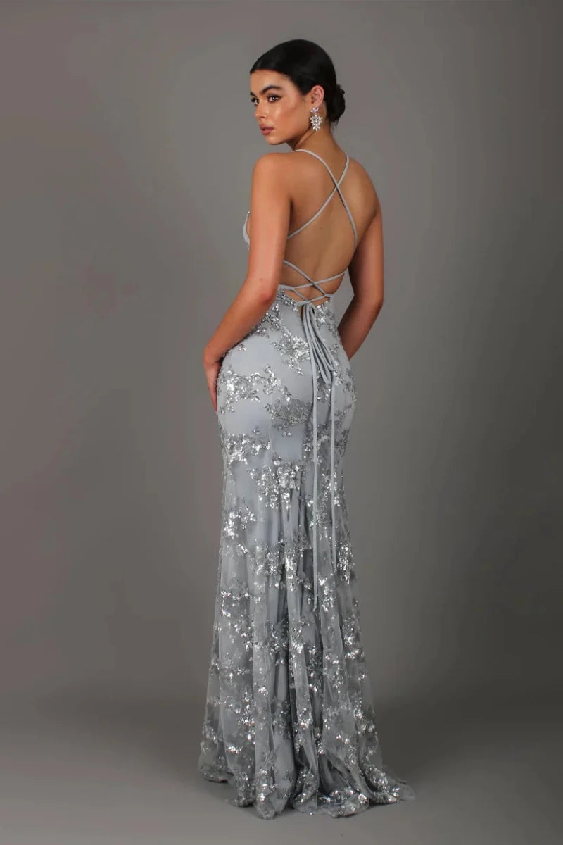 Women’s Sleeveless Sequin Maxi Dress with V - Neck and Crisscross Open Back
